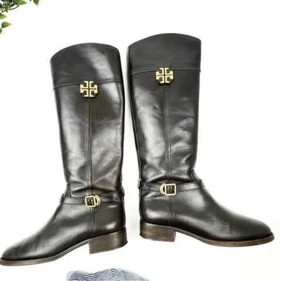 Tory Burch The Eloise Tall logo Riding Boot Leather Deep Brown w Gold details 7 - Picture 2 of 11